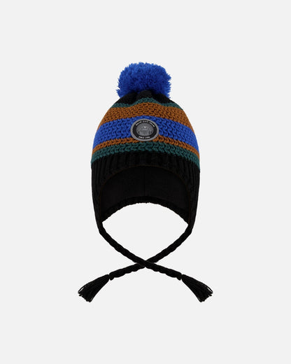Bonnet péruvien en maille doublé avec pompon noir, bleu et marron