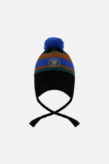 Lined Peruvian Knit Pompom Hat Black, Blue And Brown