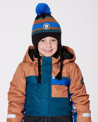 Bonnet péruvien en maille doublé avec pompon noir, bleu et marron