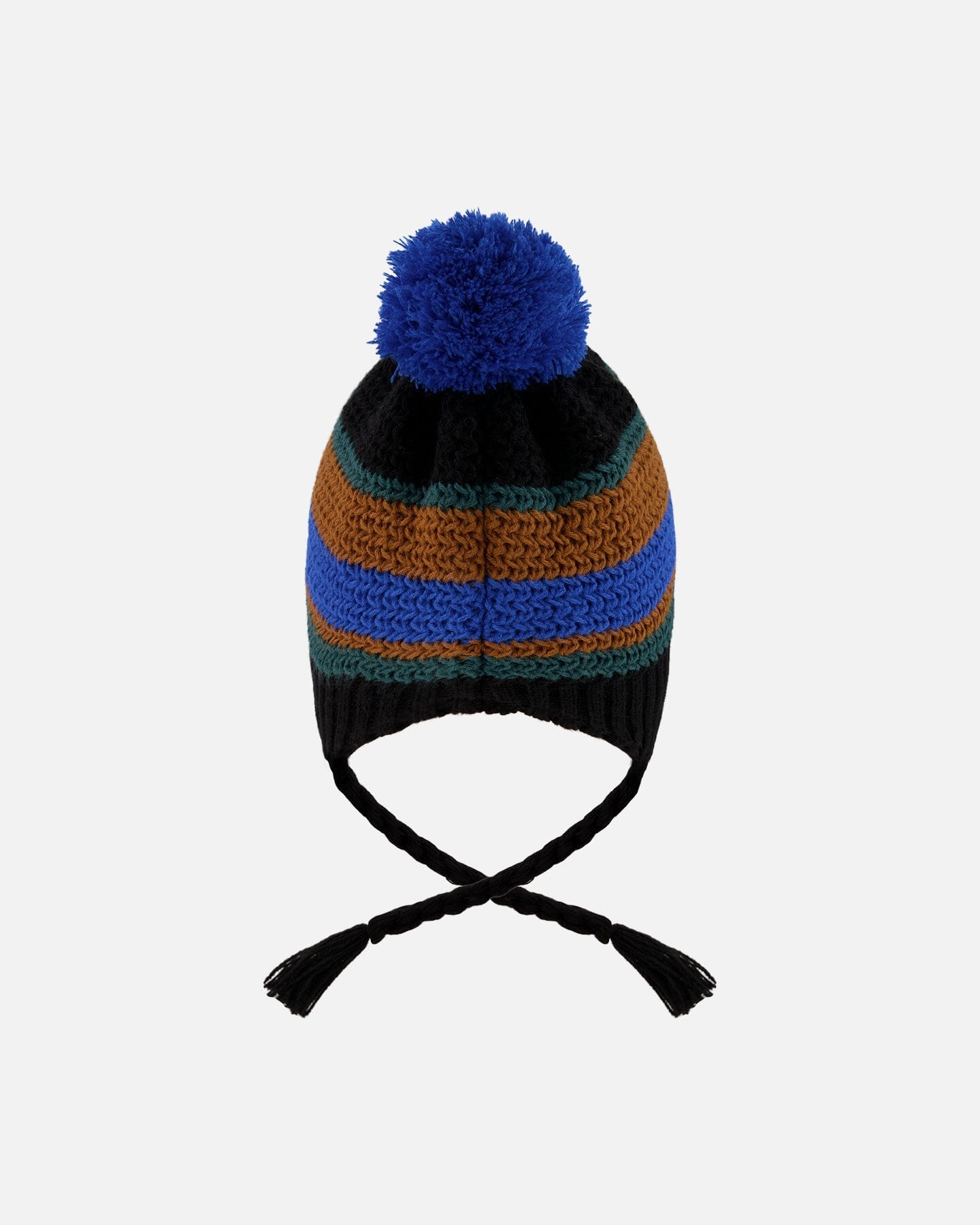 Bonnet péruvien en maille doublé avec pompon noir, bleu et marron