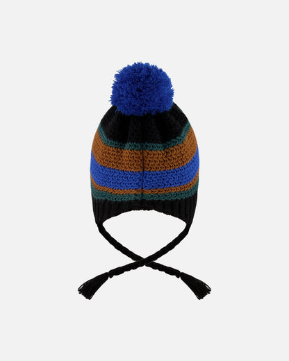 Bonnet péruvien en maille doublé avec pompon noir, bleu et marron
