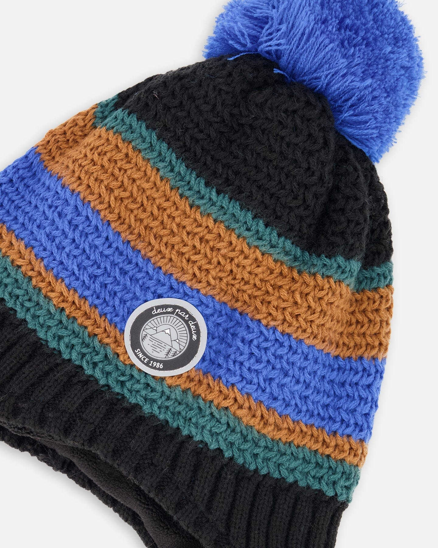 Bonnet péruvien en maille doublé avec pompon noir, bleu et marron