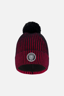 Bonnet tricoté doublé à pompon rouge et noir