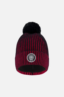 Bonnet tricoté doublé à pompon rouge et noir