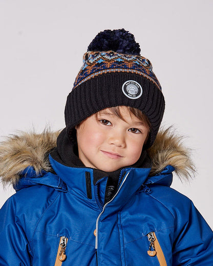 Bonnet d'hiver tricoté doublé avec pompon taupe et marine