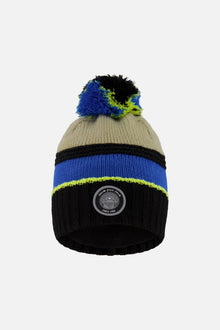 Lined Knit Pompom Hat Black, Taupe And Lime Green