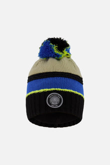 Bonnet tricot doublé à pompon noir, taupe et vert lime