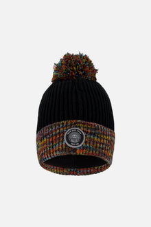 Lined Knit Winter Hat With Pompom Black And Multicolor
