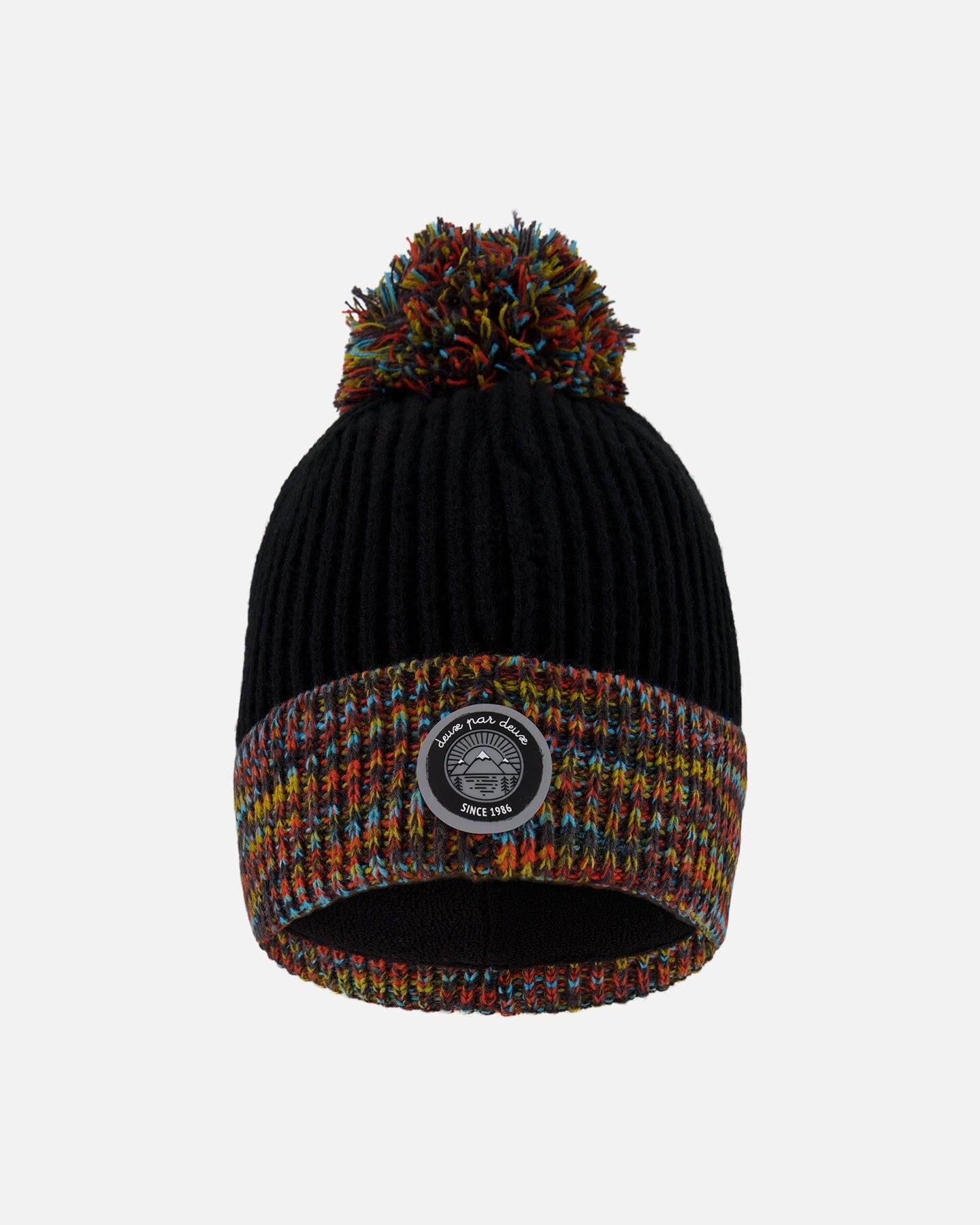 Bonnet d'hiver en maille doublé avec pompon noir et multicolore