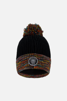 Bonnet d'hiver en maille doublé avec pompon noir et multicolore
