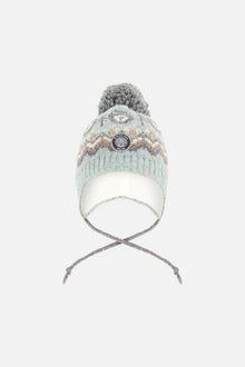 Bonnet Péruvien Tricoté Doublé à Pompon Gris et Sauge