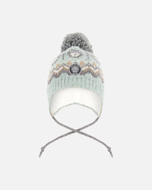 Bonnet Péruvien Tricoté Doublé à Pompon Gris et Sauge