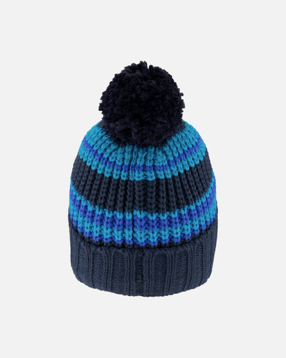 Lined Knit Winter Hat With Pompom Black And Blue