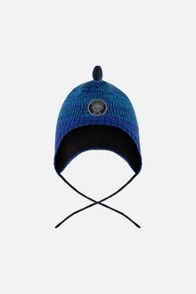 Bonnet péruvien tricoté doublé motif dinosaure avec pompon bleu