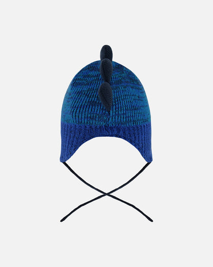 Bonnet péruvien tricoté doublé motif dinosaure avec pompon bleu