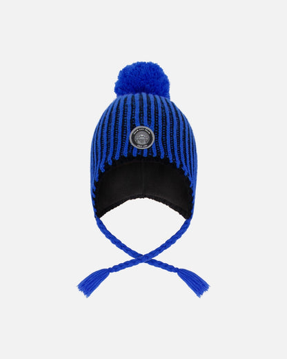 Bonnet péruvien en tricot avec pompon et doublure noir et bleu