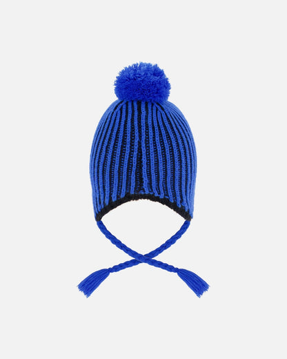 Bonnet péruvien en tricot avec pompon et doublure noir et bleu