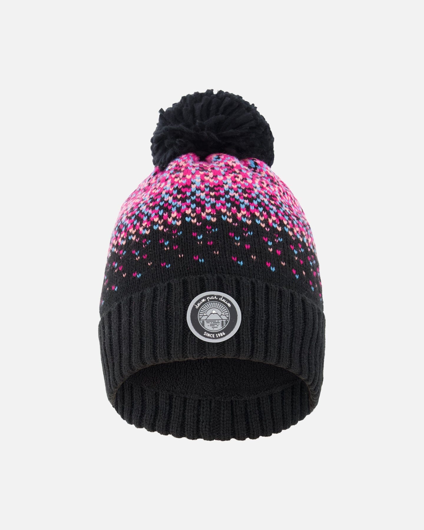 Bonnet tricoté doublé à pompon noir et rose