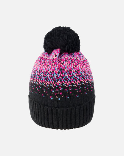 Bonnet tricoté doublé à pompon noir et rose