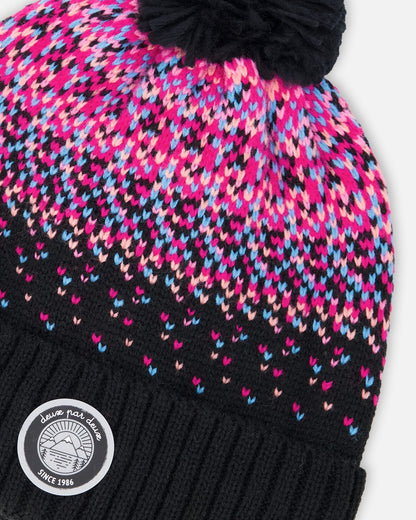 Bonnet tricoté doublé à pompon noir et rose