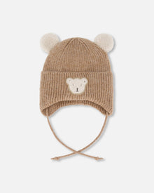Bonnet d'hiver tricoté doublé pour bébé avec cache-oreilles marron