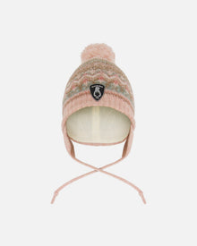 Bonnet bébé en maille doublé avec pompon et cache-oreilles rose poudré