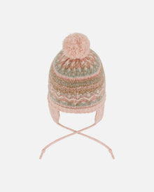 Bonnet bébé en maille doublé avec pompon et cache-oreilles rose poudré
