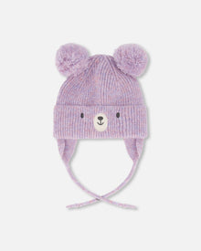 Lined Baby Knit Hat With Pompoms Purple Gray