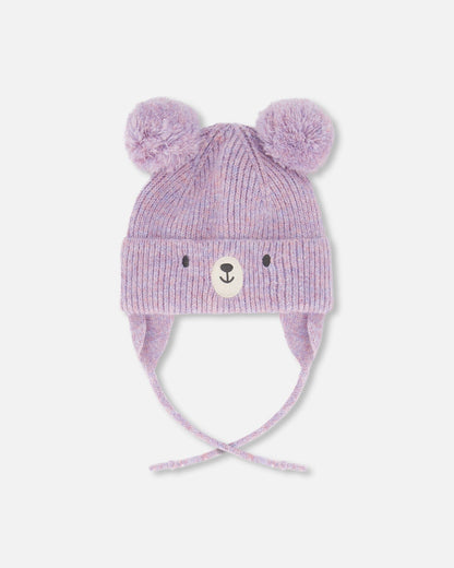 Bonnet tricot doublé bébé avec pompons gris violet