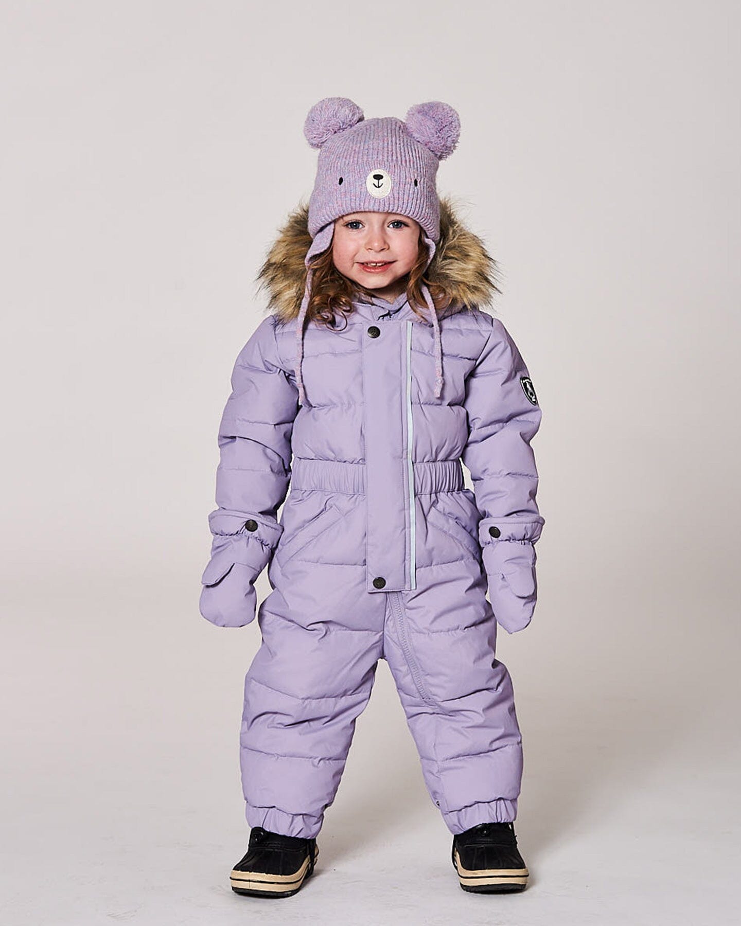 Bonnet tricot doublé bébé avec pompons gris violet