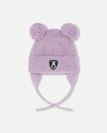 Bonnet tricot doublé bébé avec pompons gris violet