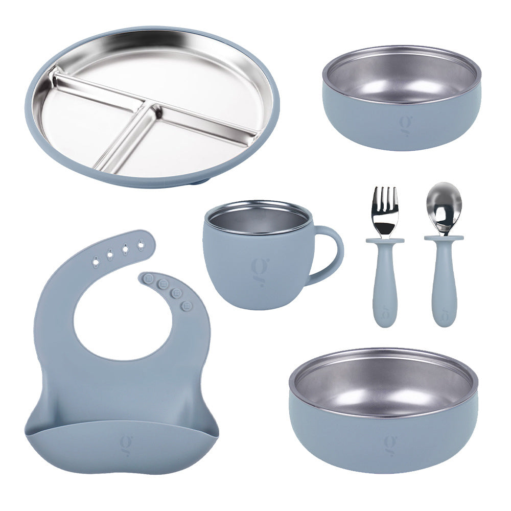 Service de vaisselle 7 pièces haut de gamme en silicone et acier inoxydable pour enfants | Ensemble repas