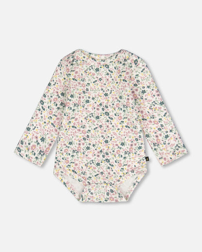 Barboteuse à manches longues en coton biologique, motif floral écru
