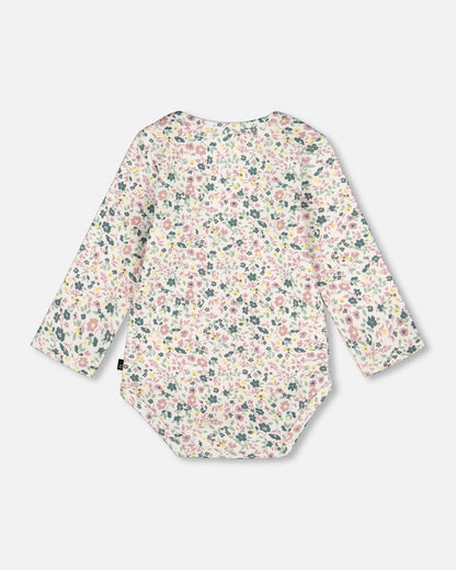 Barboteuse à manches longues en coton biologique, motif floral écru