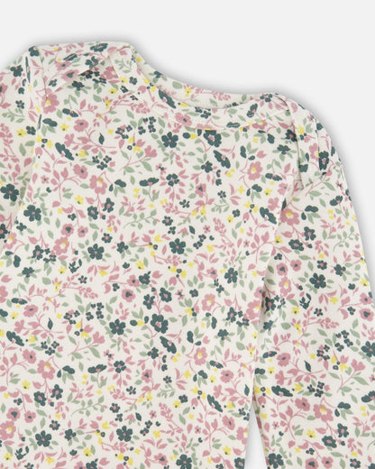 Barboteuse à manches longues en coton biologique, motif floral écru