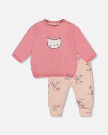 Ensemble pantalon et haut en coton biologique imprimé chat rose