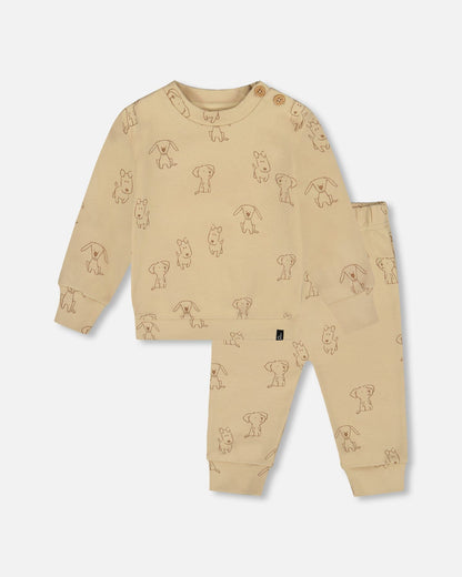 Ensemble pantalon et haut en coton biologique beige imprimé chiens