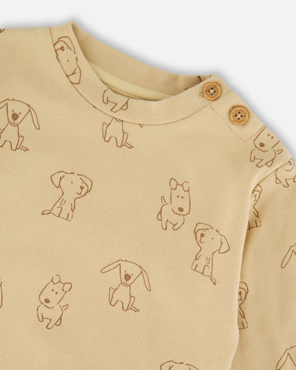 Ensemble pantalon et haut en coton biologique beige imprimé chiens