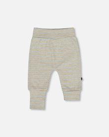 Pantalon évolutif en coton biologique rayé chiné beige et gris