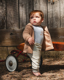 Pantalon évolutif en coton biologique rayé chiné beige et gris