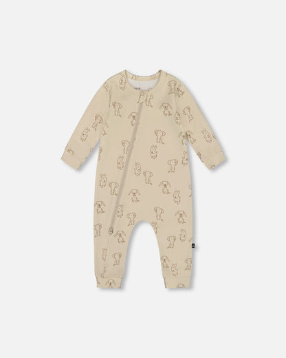 Grenouillère zippée en coton bio motif chiot beige