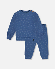 Ensemble pantalon et haut en coton biologique imprimé feuille bleu