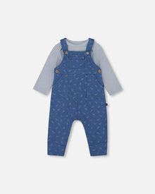Ensemble body et salopette en coton biologique à motif feuilles bleues