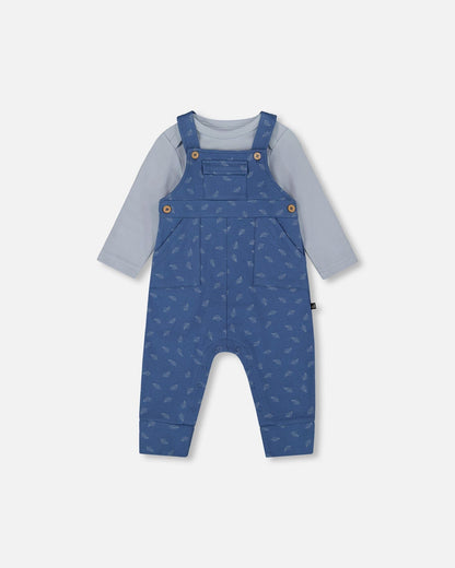 Ensemble body et salopette en coton biologique à motif feuilles bleues