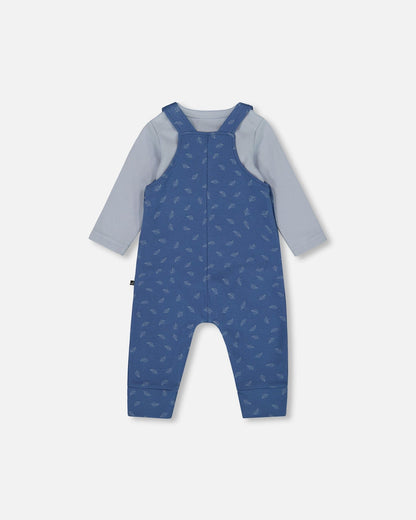 Ensemble body et salopette en coton biologique à motif feuilles bleues
