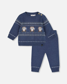 Ensemble pantalon et pull en maille jacquard bleu gris avec ours