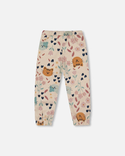 Pantalon de jogging en molleton français scintillant motif chat beige