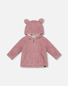 Veste en peluche à capuche zippée pour chat rose poudré