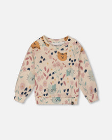 Sweatshirt molletonné French Terry scintillant motif chat beige