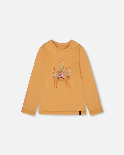 T-shirt en coton biologique jaune doré avec chat